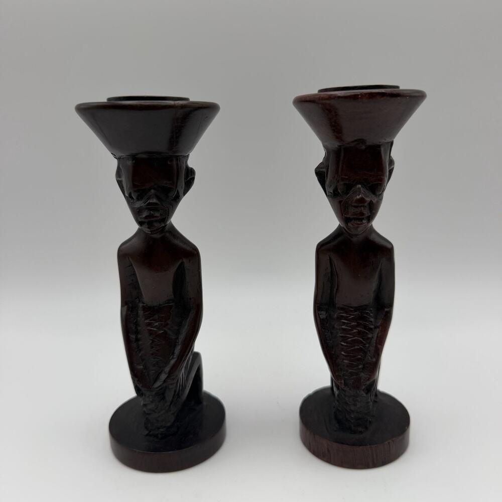 African Tribal Style Hand Carved Wooden Candlestick Taper Holders Set of 2
